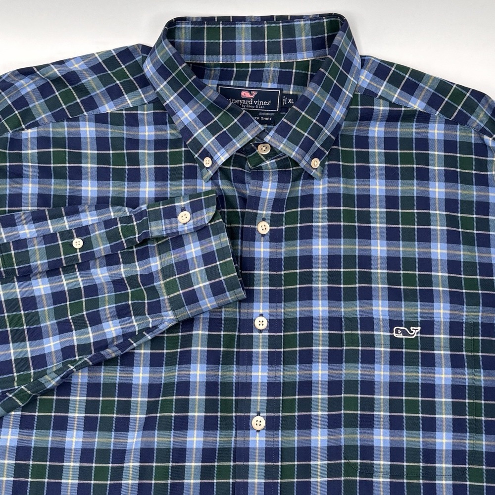 Vineyard Vines Plaid Long Sleeve Button Down Shirt Men‎ XL Blue Green Tartan